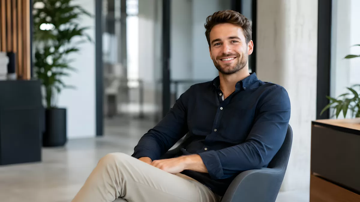 Junger Geschäftsmann sitzt entspannt im modernen Büro