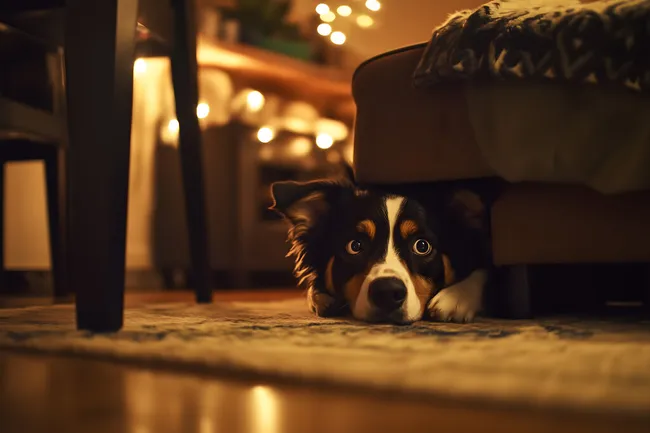 Junger Hund versteckt sich unter Möbeln bei Feuerwerk
