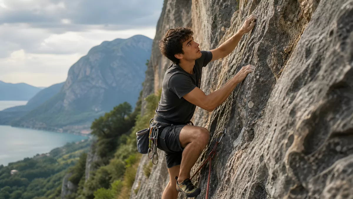 Junger Kletterer an steiler Felswand über Bergsee