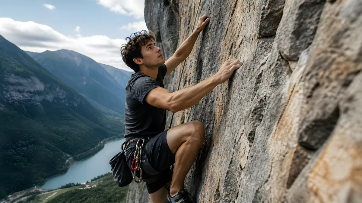 Junger Kletterer an steiler Felswand über Bergtal