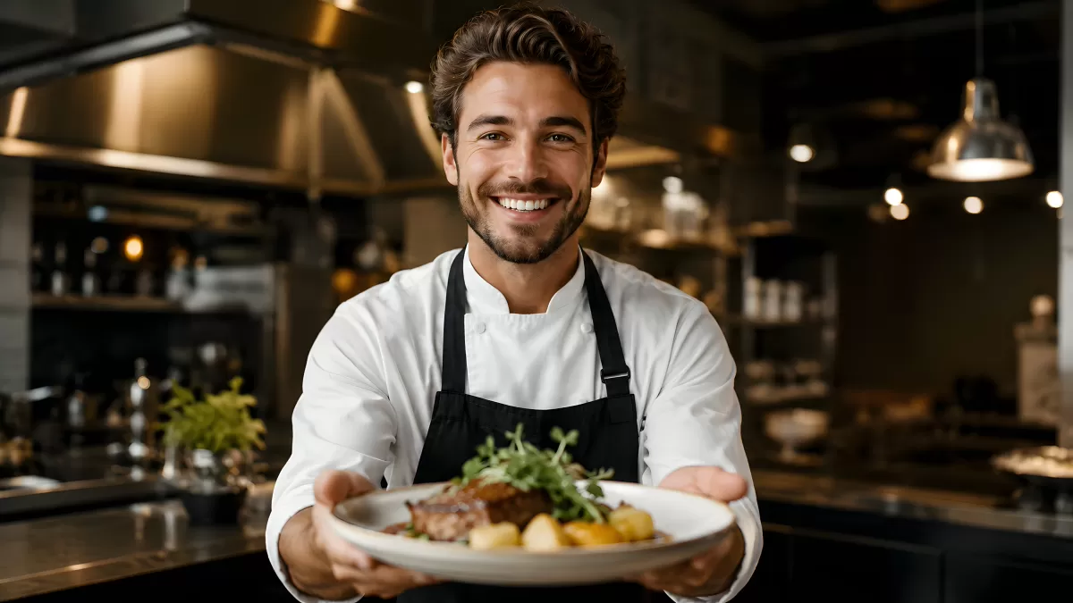 Junger Koch präsentiert Fleischgericht in Restaurantküche