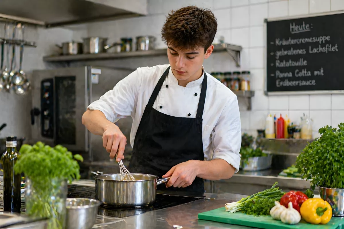 Junger Küchenchef bereitet Sauce in Profiküche zu