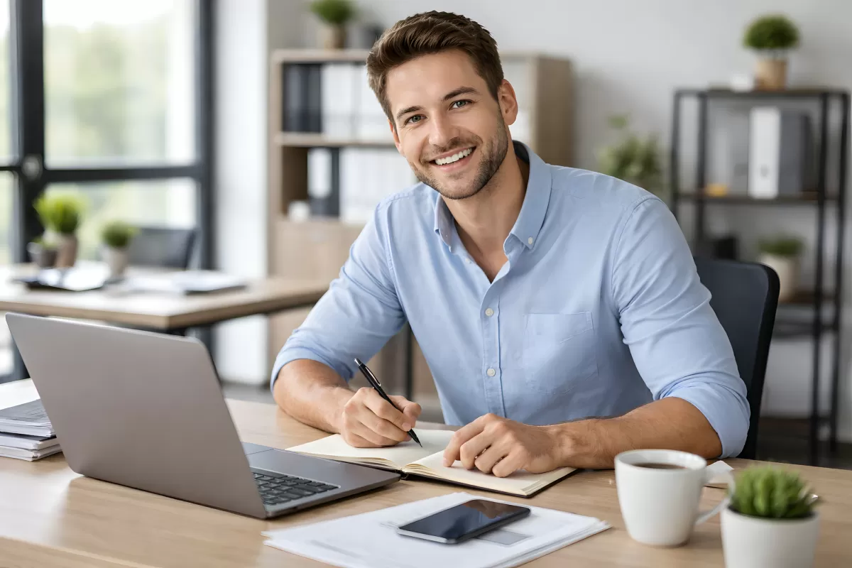 Junger, lächelnder Geschäftsmann arbeitet am Computer