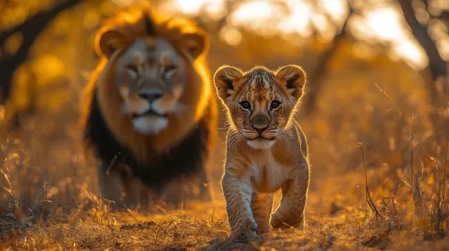 Junger Löwe und majestätischer Vater in der goldenen Savanne
