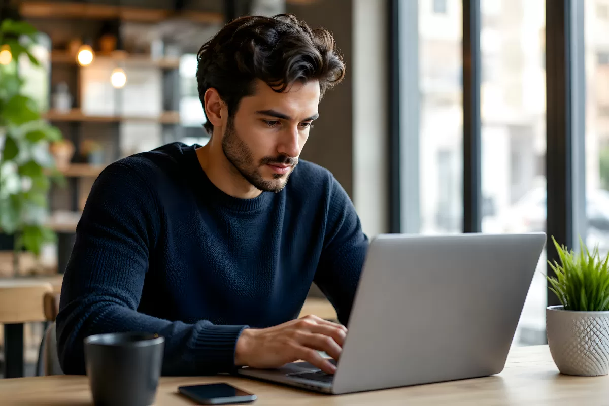 Junger Mann arbeitet konzentriert am Laptop im Café