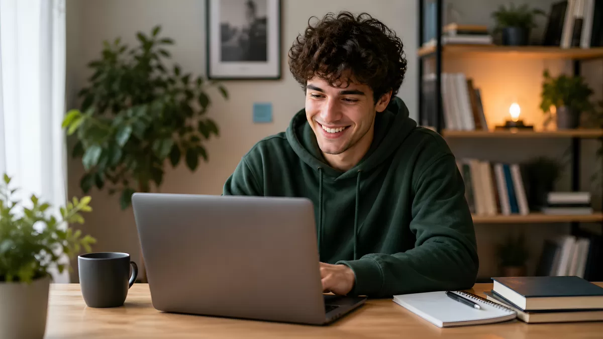 Junger Mann arbeitet lächelnd am Laptop zuhause