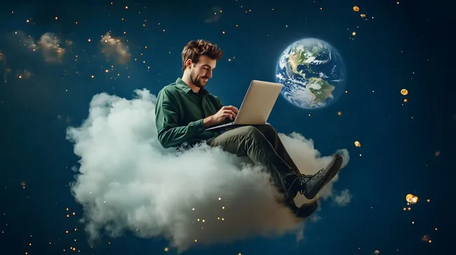 Junger Mann arbeitet mobil in den Wolken mit Erdkugel