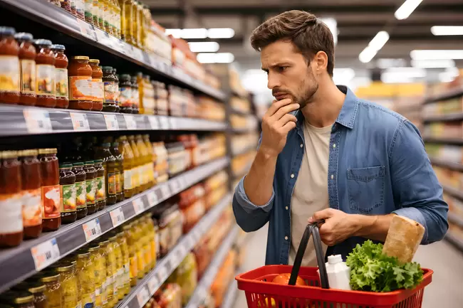 Junger Mann beim Einkaufen im Supermarkt