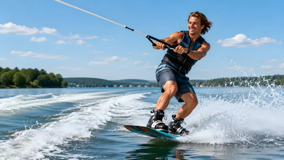 Junger Mann beim Wakeboarden auf einem See im Sommer