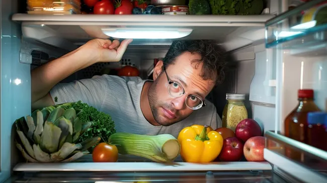 Junger Mann durchsucht vollen Kühlschrank nach gesunden Lebensmitteln