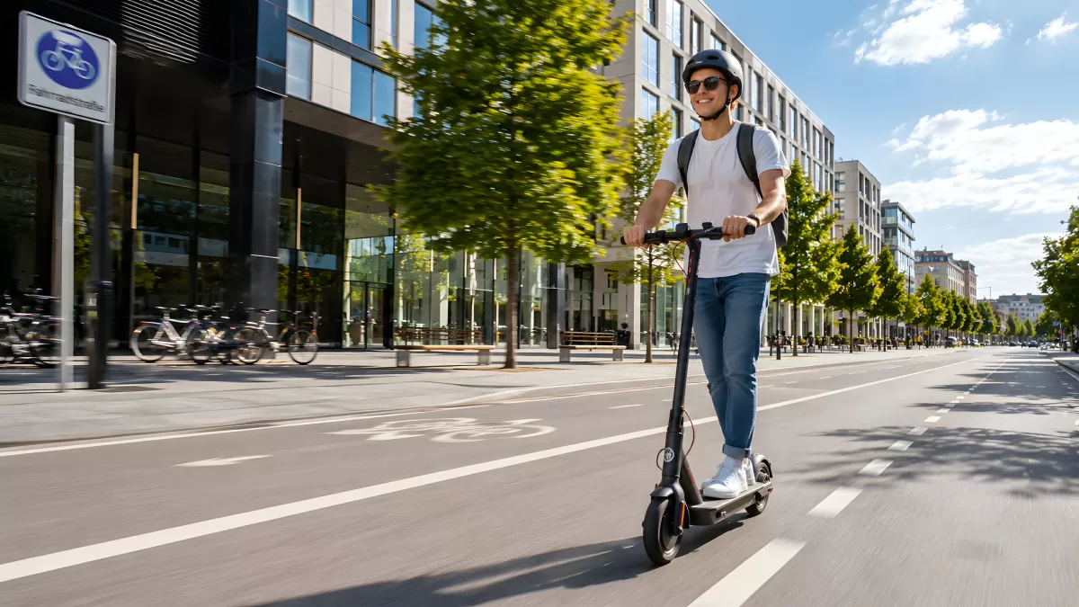 Junger Mann fährt E-Scooter auf Stadtradweg — Bild kostenlos herunterladen
