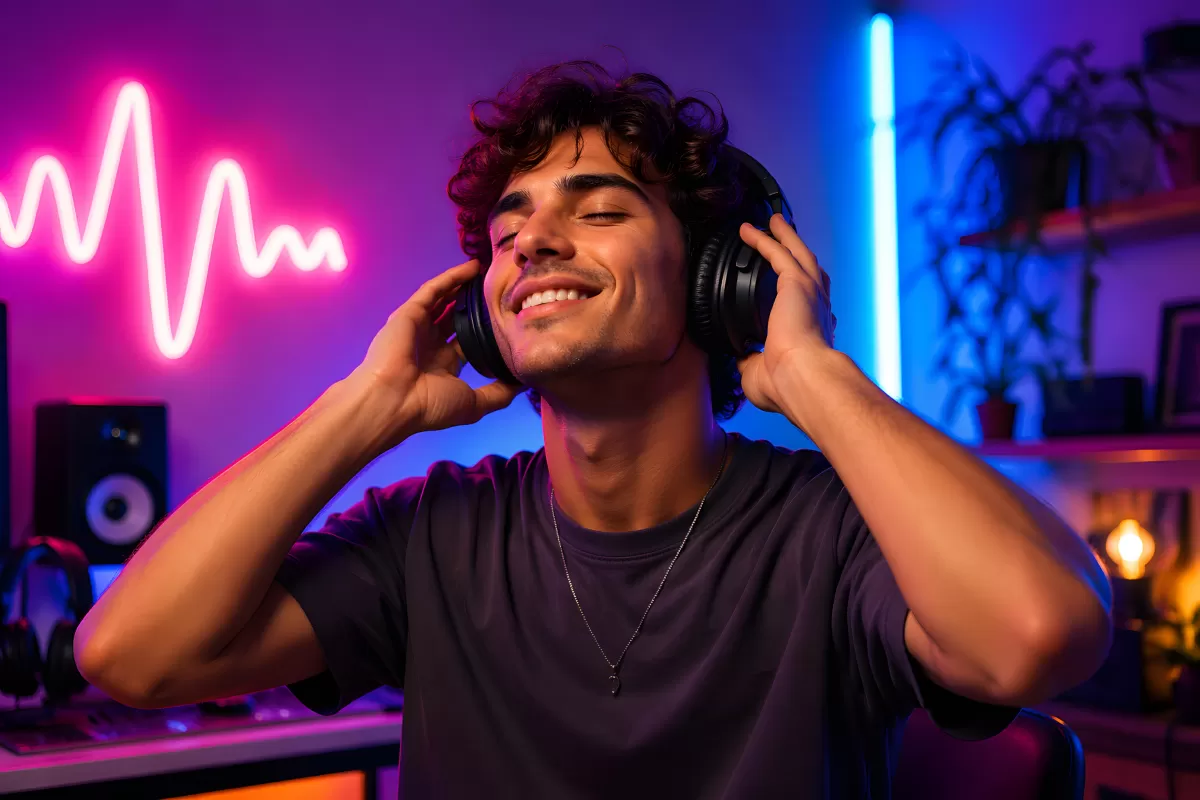 Junger Mann genießt Musik mit Kopfhörern im Neonlicht