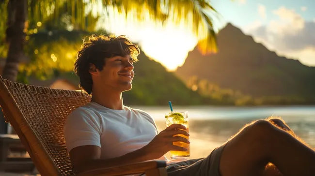 Junger Mann genießt Sonnenuntergang mit Cocktail am Strand