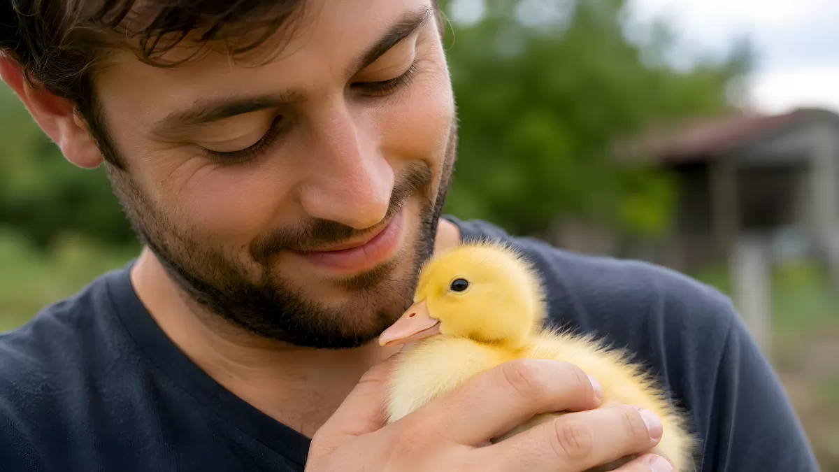 Junger Mann hält flauschiges Entlein in den Händen