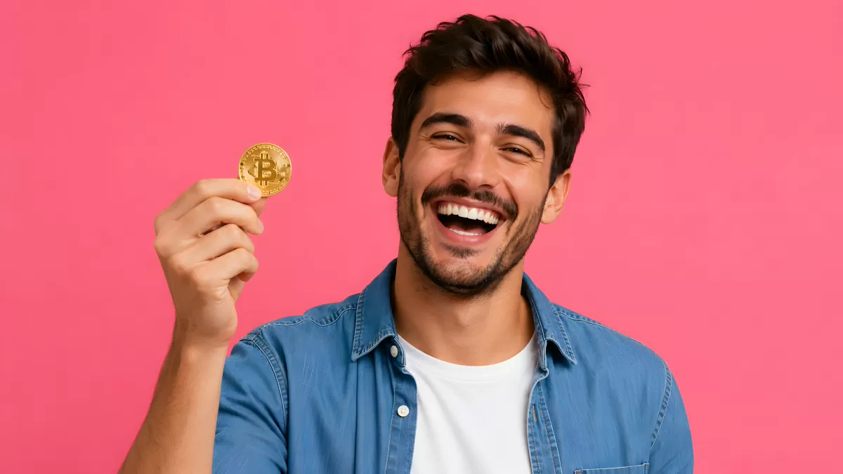 Junger Mann hält lachend eine Bitcoin-Münze hoch