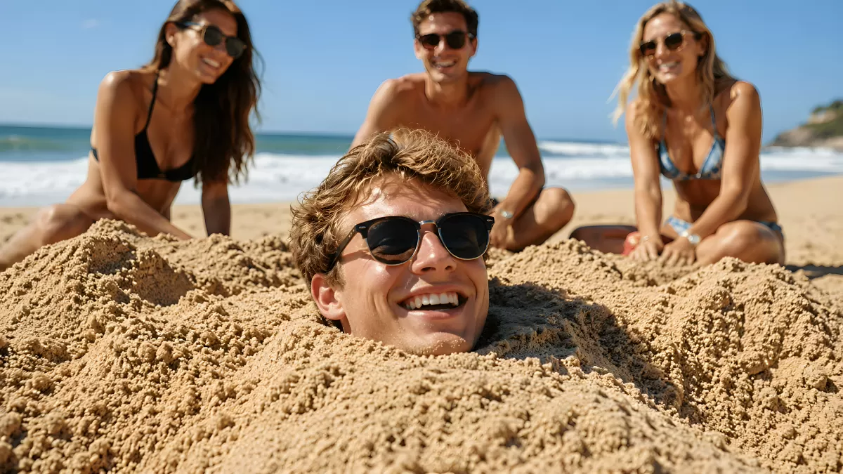 Junger Mann im Sand vergraben mit lachenden Freunden