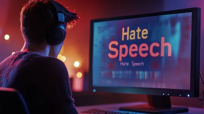 Junger Mann in nachdenklicher Pose vor Bildschirm mit Hassrede-Thema