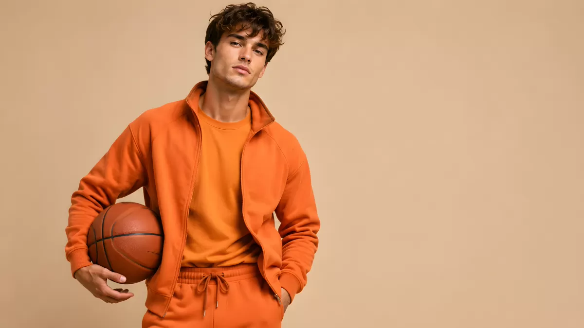 Junger Mann in orangem Trainingsanzug mit Basketball