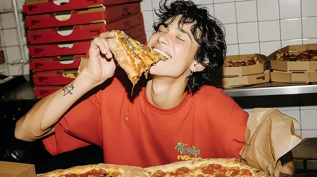 Junger Mann in rotem Shirt genießt leckere Pizza