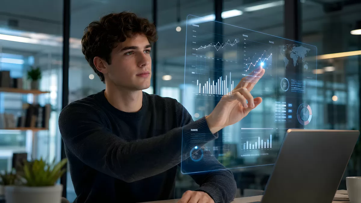 Junger Mann interagiert mit holografischem Daten-Dashboard