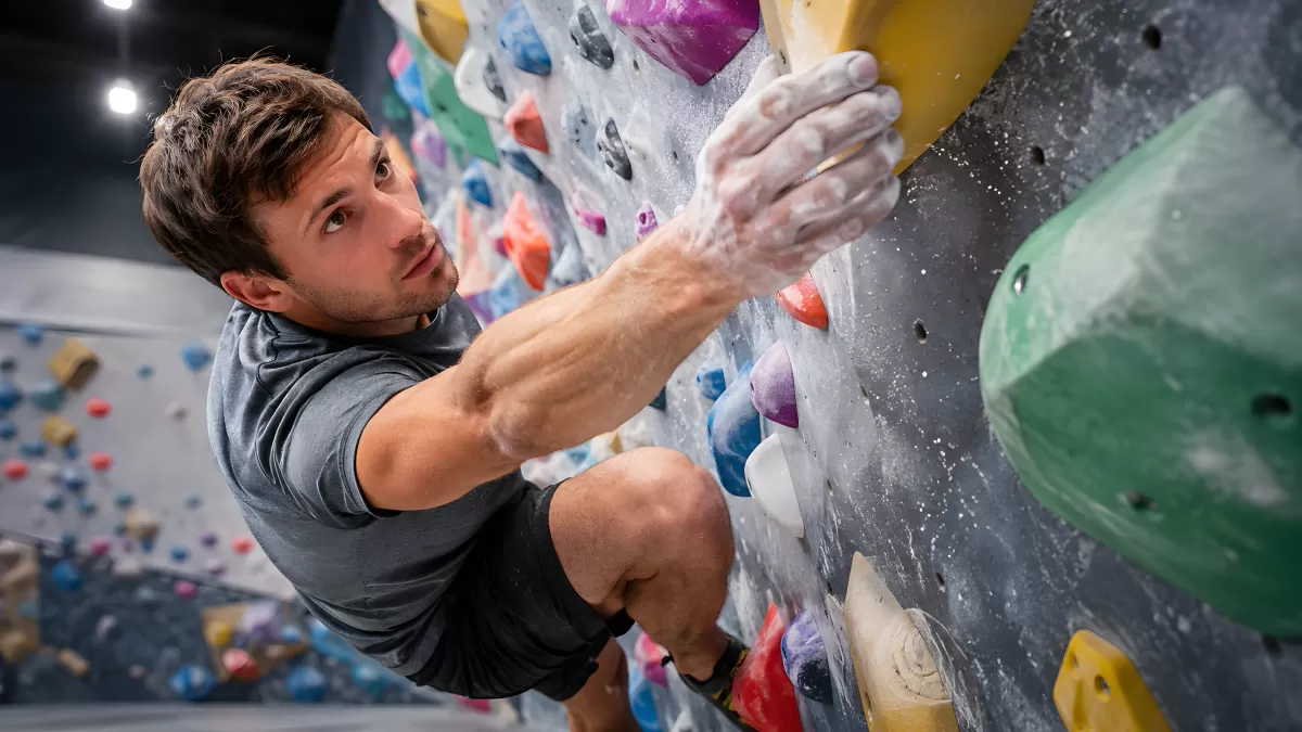 Junger Mann klettert konzentriert an Boulderwand