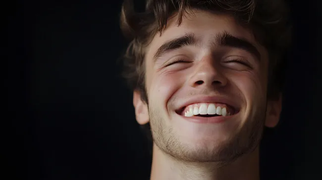 Junger Mann lacht herzlich mit geschlossenen Augen