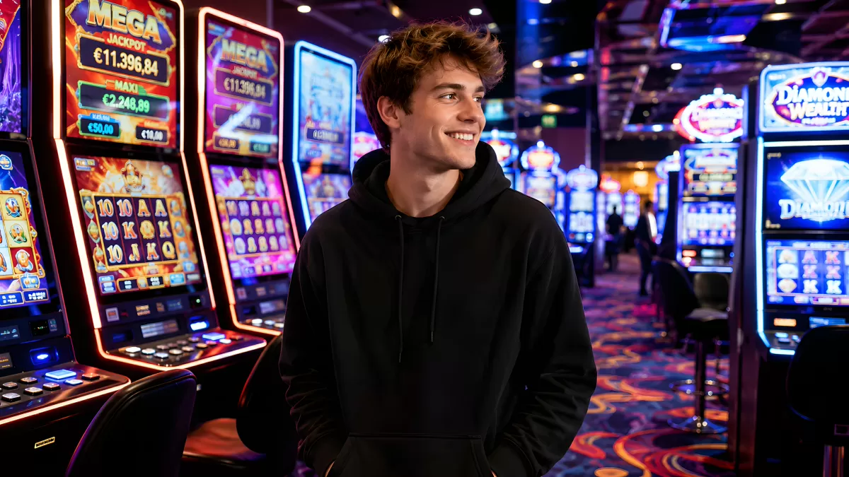 Junger Mann lächelnd vor bunten Spielautomaten im Casino