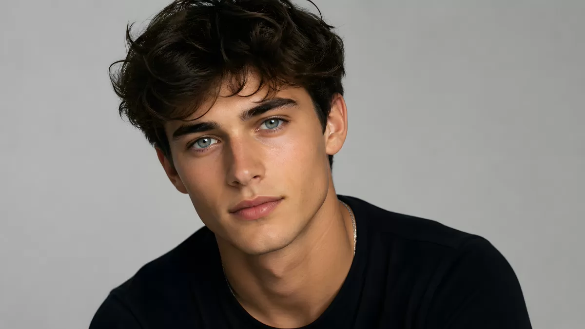 Junger Mann mit blauen Augen im Studio-Porträt