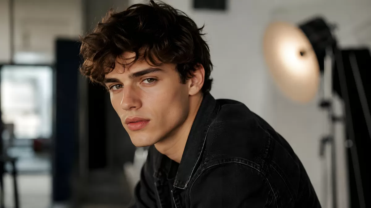 Junger Mann mit dunklen Locken im Fotostudio