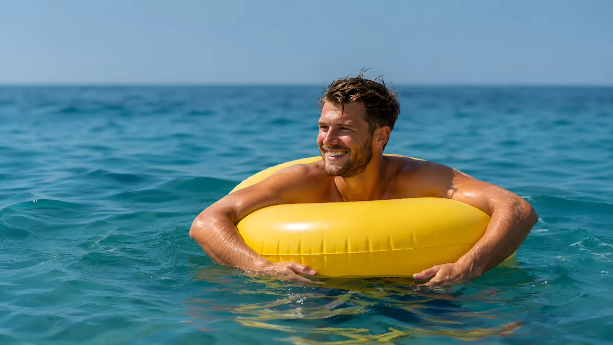 Junger Mann mit gelbem Schwimmring im Meer