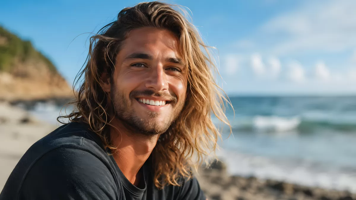 Junger Mann mit langen Haaren lächelt am Strand
