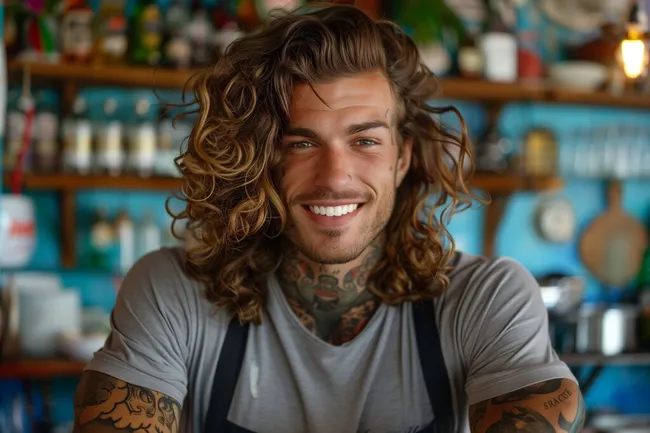 Junger Mann mit lockigem Haar und Tattoos in gemütlicher Café-Atmosphäre