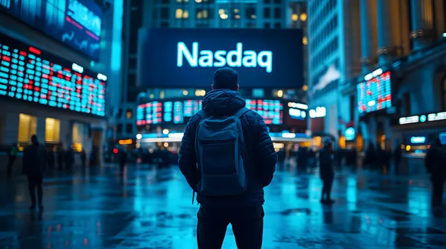 Junger Mann mit Rucksack vor Nasdaq-Anzeigetafel in New York