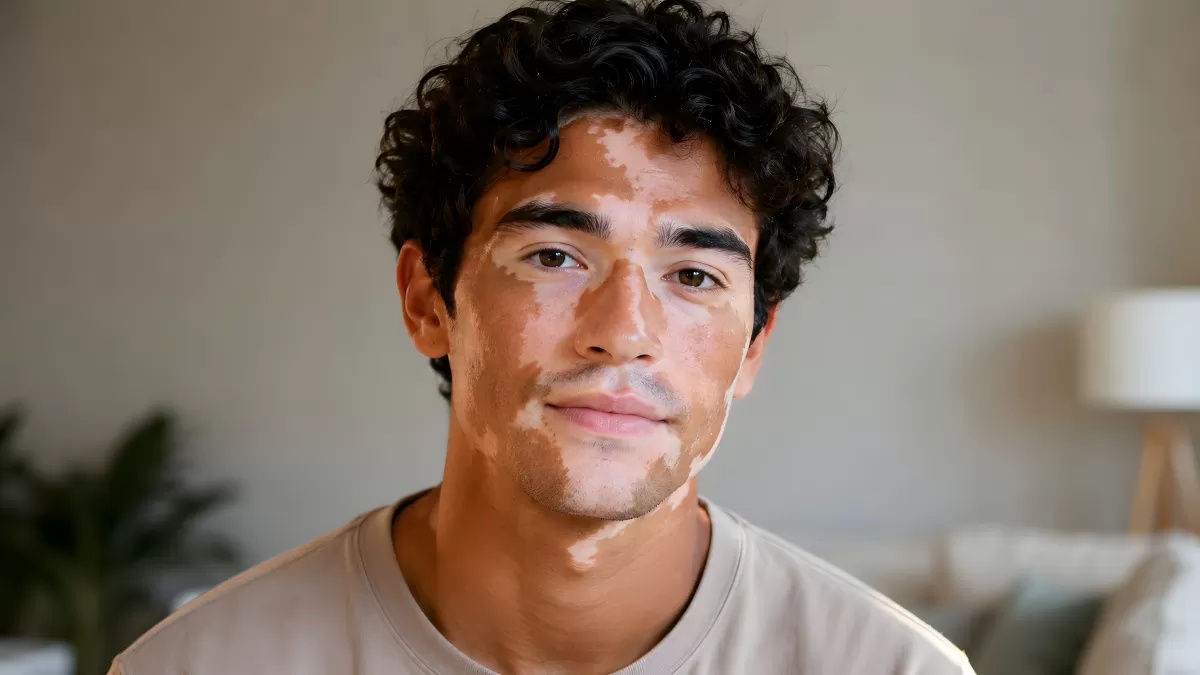 Junger Mann mit Vitiligo blickt selbstbewusst in Kamera