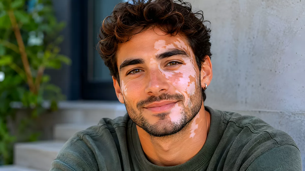Junger Mann mit Vitiligo lächelt selbstbewusst