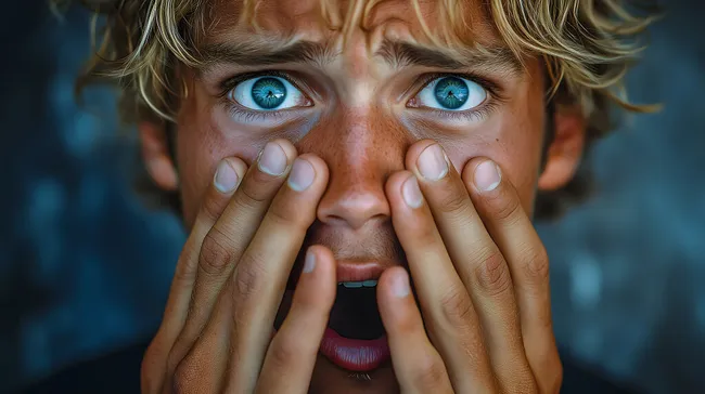 Junger Mann mit weit aufgerissenen Augen