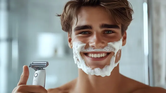 Junger Mann rasiert sich lächelnd mit Elektrorasierer