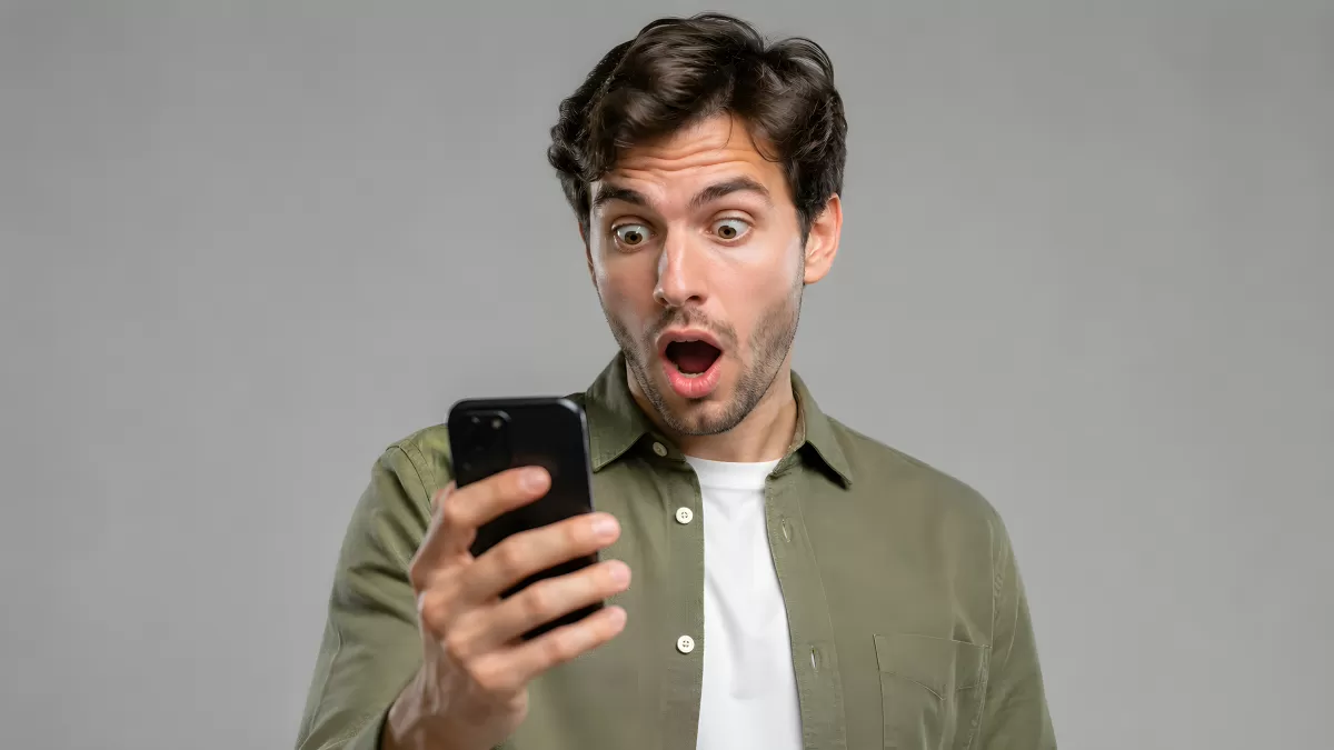 Junger Mann schaut schockiert auf sein Smartphone