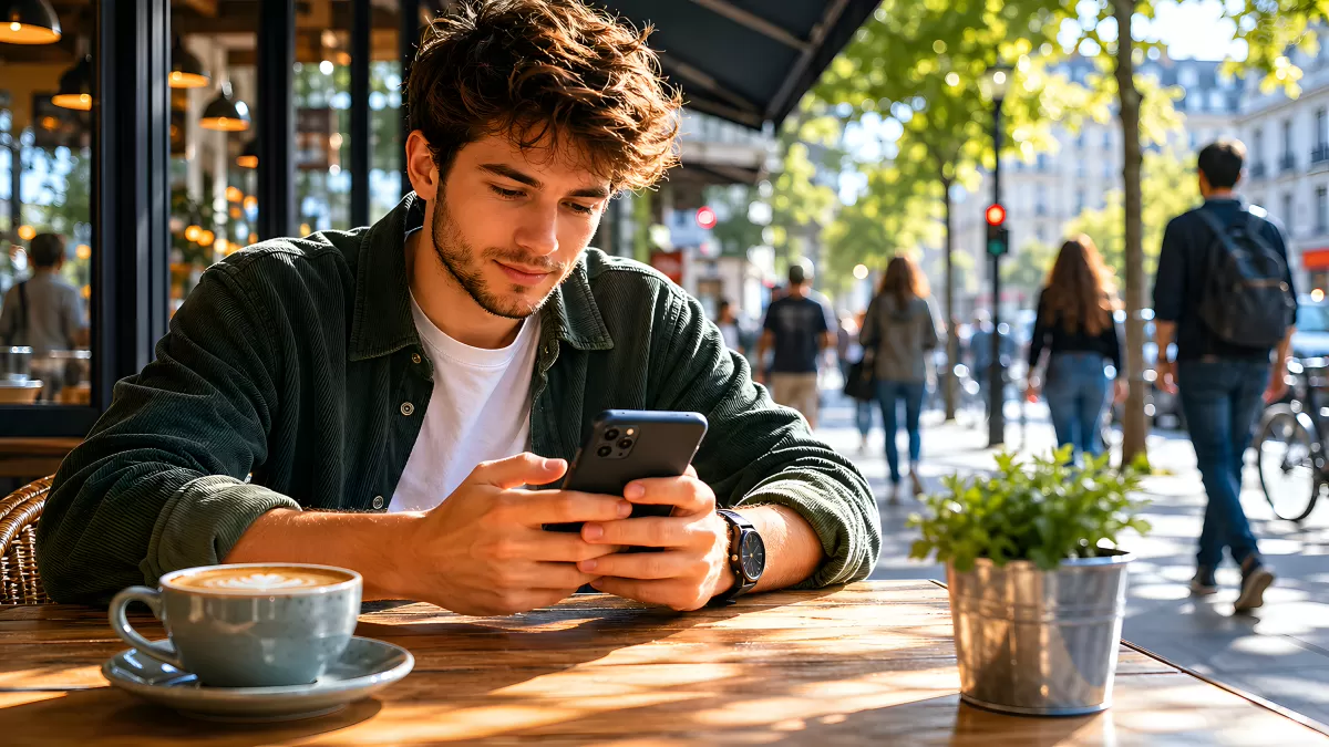 Junger Mann scrollt am Café-Tisch durch sein Smartphone