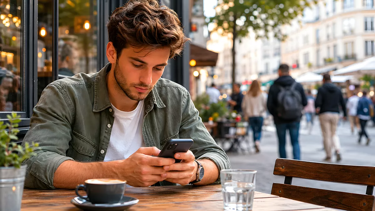 Junger Mann sitzt im Straßencafé und schaut aufs Handy