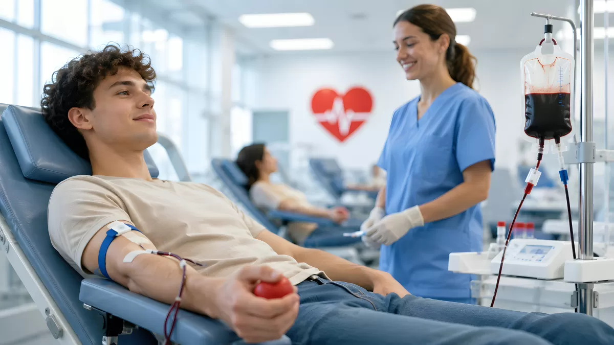 Junger Mann spendet Blut in moderner Entnahmestelle