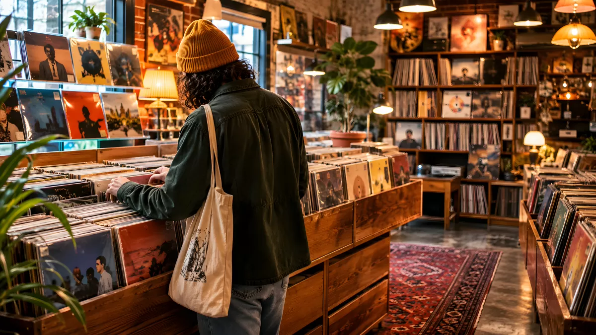 Junger Mann stöbert in Schallplatten im Plattenladen