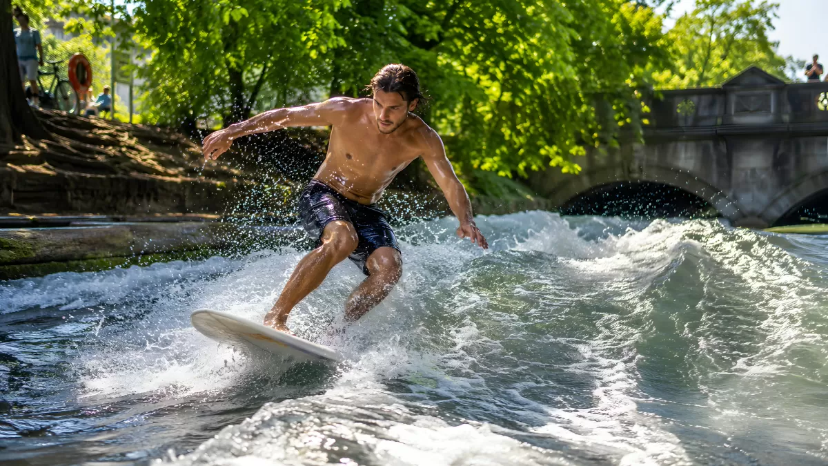 Junger Mann surft auf einem Fluss im Stadtpark