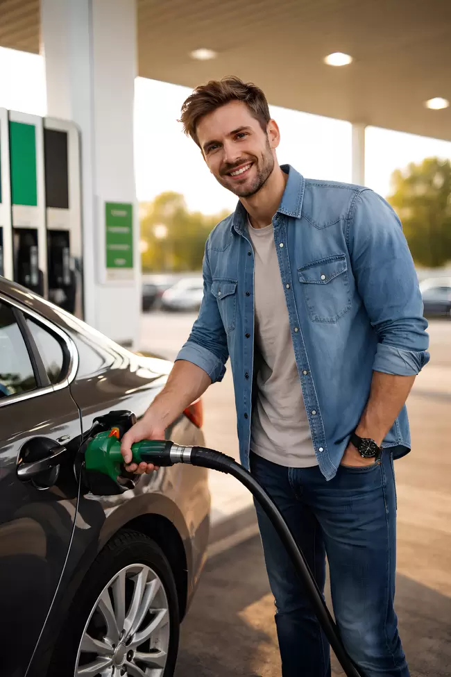 Junger Mann tankt Auto an einer Tankstelle