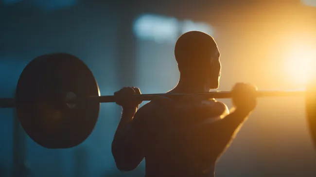 Junger Mann trainiert mit Langhantel im Fitnessstudio