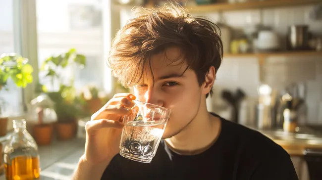 Junger Mann trinkt erfrischendes Getränk in moderner Küche