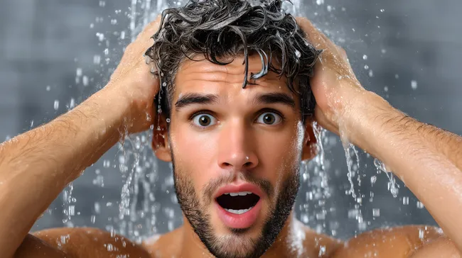 Junger Mann wäscht seine Haare unter Wasser