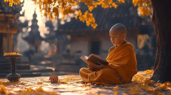 Junger Mönch liest in herbstlicher Natur