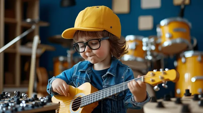 Junger Musiker spielt Gitarre in Musikstudio