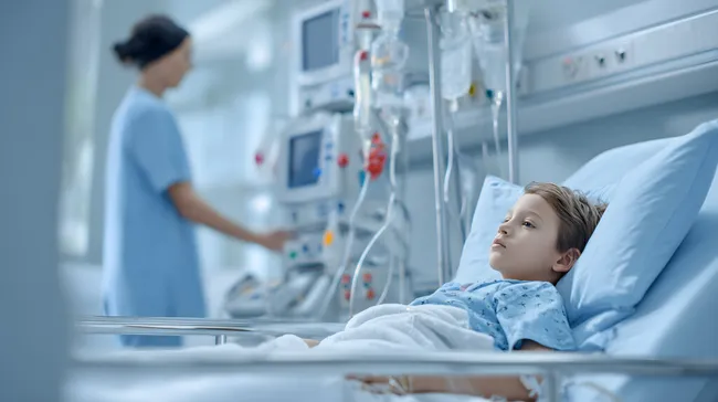 Junger Patient im Krankenhaus mit Infusion und Monitoren